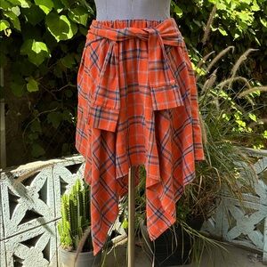 Orange Plaid Handkerchief Hem Skirt with Front Tie 30”+ Waist